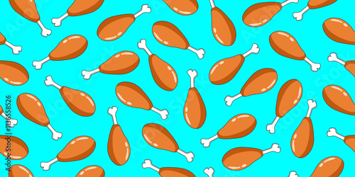 Chicken thigh cartoon seamless pattern. Chicken thigh illustration on blue background