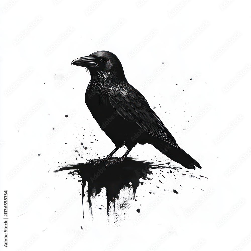Fototapeta premium Black crow illustration on white background with ink splatters.