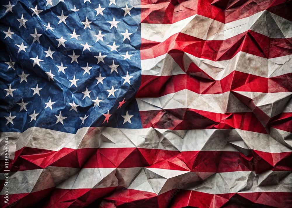 Macro Polyhedral American Flag, Crumpled Fabric, Patriotism, Closeup, Detailed, Isolated USA Flag Photography Macro Polyhedral American Flag, Crumpled Fabric, Patriotism, Closeup, Detailed, Isolated USA Flag Photography