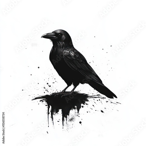 Black crow illustration on white background with ink splatters. photo