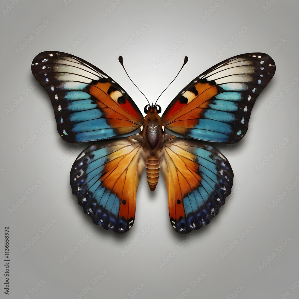 Fototapeta premium Butterfly image behind the lens, a magnificent back butterfly and its wings are very beautifully colored,white background,Generative Ai 