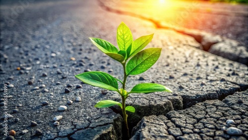 A resilient seedling emerges from a cracked surface, symbolizing growth and perseverance in challenging conditions.