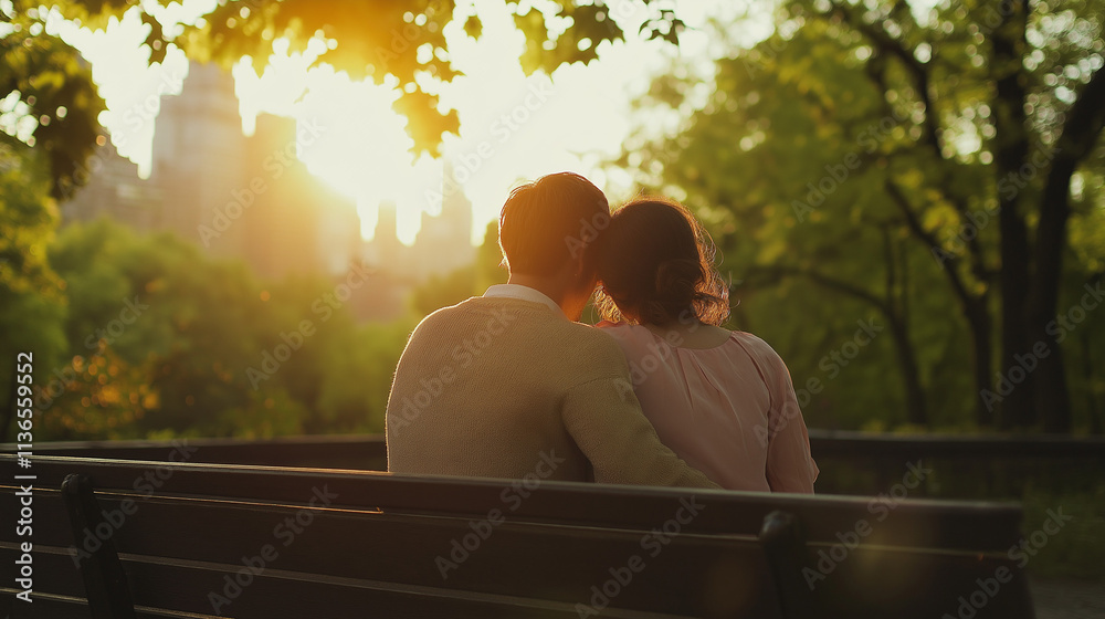 Romantic Couple Sitting in a City Park at Sunset Romantic Couple Sitting in a City Park at Sunset