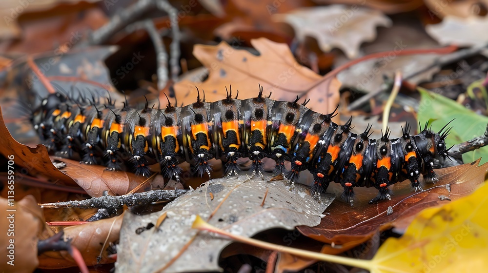 A caterpillar making its way across a twig surrounded by leaves. A caterpillar making its way across a twig surrounded by leaves.