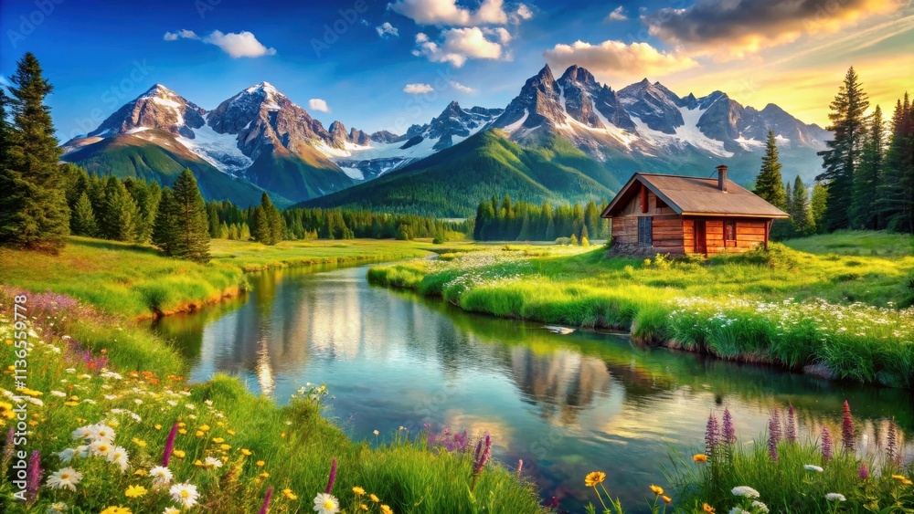 Fototapeta premium Serene mountain cabin nestled beside a tranquil river, surrounded by wildflowers and majestic peaks