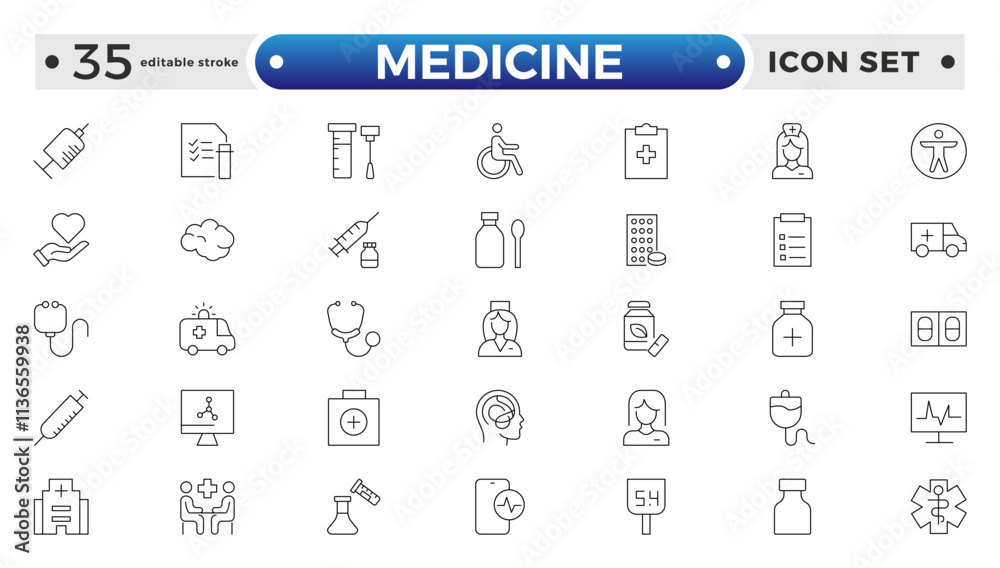 Medicine and Pharmaceutical icon set with prescription pad, medicine bottle, pill dispenser, lab test, blood donation, medical conference, and research study. Editable stroke outline icon. Medicine and Pharmaceutical icon set with prescription pad, medicine bottle, pill dispenser, lab test, blood donation, medical conference, and research study. Editable stroke outline icon.