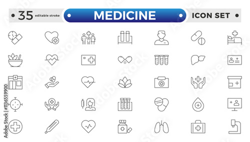 Medicine and Pharmaceutical icon set with prescription pad, medicine bottle, pill dispenser, lab test, blood donation, medical conference, and research study. Editable stroke outline icon.
