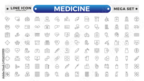 Medicine and Pharmaceutical icon set with prescription pad, medicine bottle, pill dispenser, lab test, blood donation, medical conference, and research study. Editable stroke outline icon.