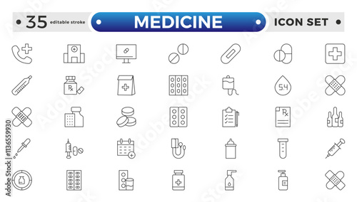 Medicine and Pharmaceutical icon set with prescription pad, medicine bottle, pill dispenser, lab test, blood donation, medical conference, and research study. Editable stroke outline icon.