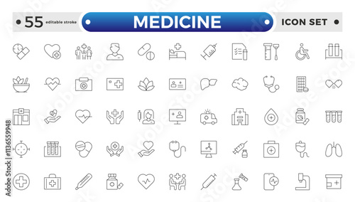 Medicine and Pharmaceutical icon set with prescription pad, medicine bottle, pill dispenser, lab test, blood donation, medical conference, and research study. Editable stroke outline icon.