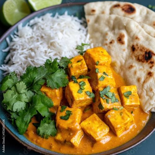 A vibrant plate of mango curry tofu served with jasmine rice and naan bread, Mango curry tofu arranged beautifully with cilantro leaves for garnish, Lime wedges on the side photo