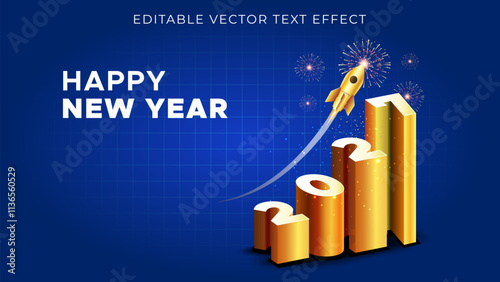 Happy New Year 2027 with rocket arrow on graph. Fast growth, stock market and business success celebration and fireworks on dark blue background.