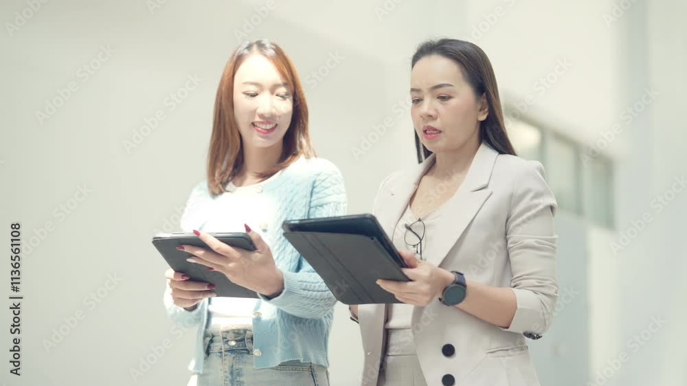 Two women are walking and holding tablets. One of them is wearing a blue sweater. Scene is casual and relaxed Two women are walking and holding tablets. One of them is wearing a blue sweater. Scene is casual and relaxed