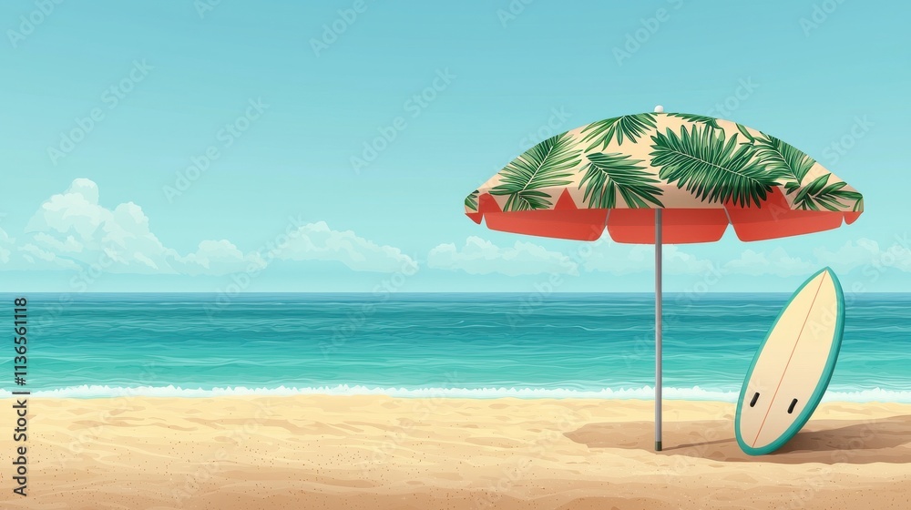 Tropical Beach with Umbrella and Surfboard Tropical Beach with Umbrella and Surfboard