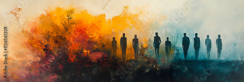 A dynamic abstract artwork featuring a row of silhouetted figures against a split warm and cool-toned background