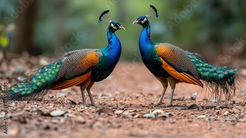 Two colorful peacocks performing a courtship dance, feathers spread wide photo