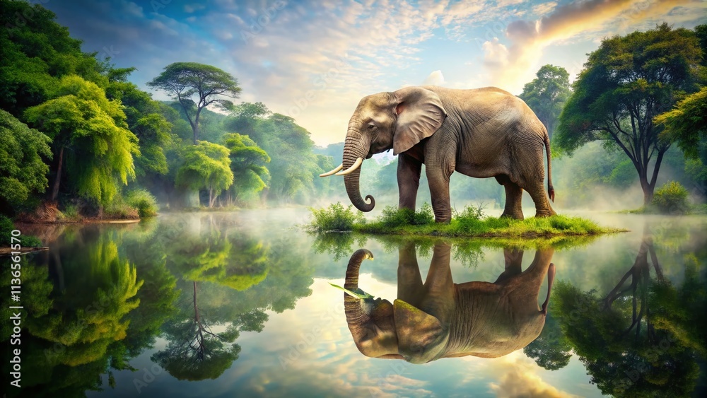 Fototapeta premium Majestic Elephant Walking Along a Serene Riverbank in Double Exposure Photography, Blending Nature and Wildlife for an Artistic Scene