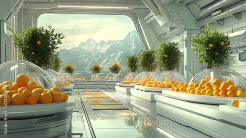 Fototapeta Naklejka Na Ścianę i Meble -  futuristic kitchen, modern interior, holographic and fresh fruits and vegetables