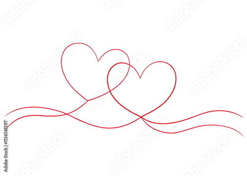 Continuous line drawing of two hearts on transparent background. Banner for valentine's day. Abstract hearts. PNG, ai generated