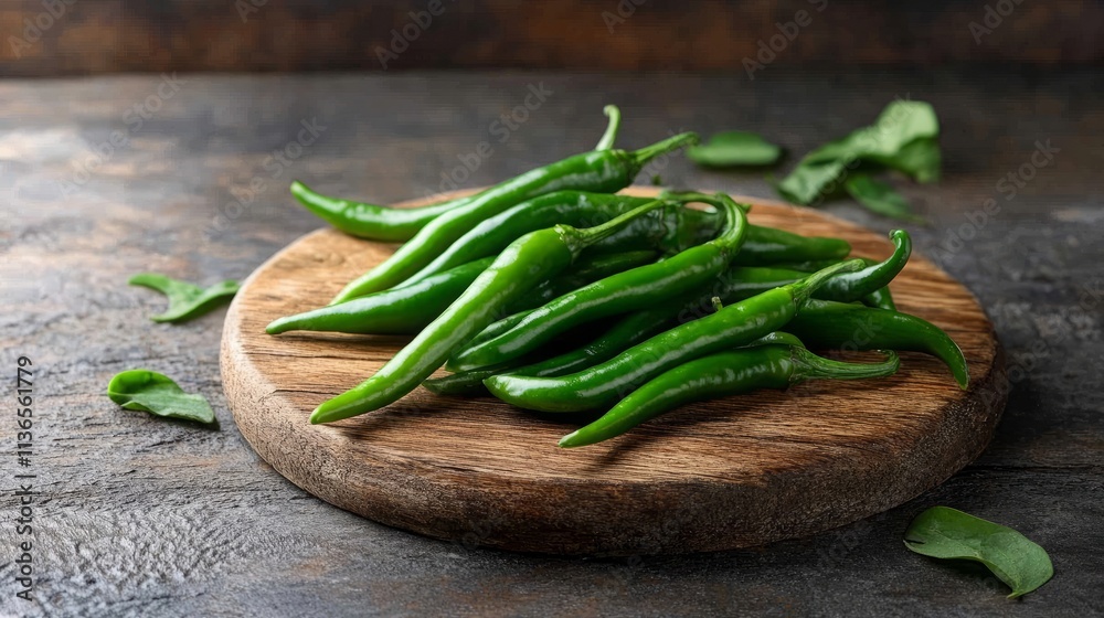 Fresh green chilli bunch on wooden board Fresh green chilli bunch on wooden board