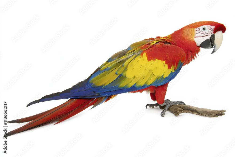 Obraz premium vibrant scarlet macaw perched branch, showcasing its stunning red, yellow, and blue feathers. This exotic bird is known for its beauty and intelligence, making it popular choice for bird