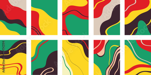 Vector illustration of set of colorful creative collages with chaotic pattern as abstract background