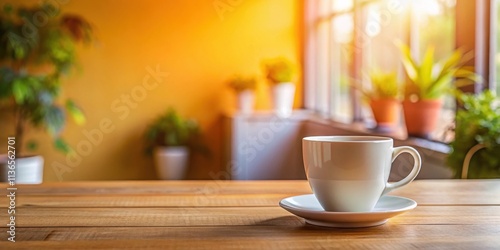 Wallpaper Mural Morning Coffee on Wooden Table with Plants in Background Torontodigital.ca