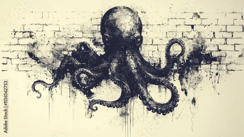 Ink octopus on brick wall. photo