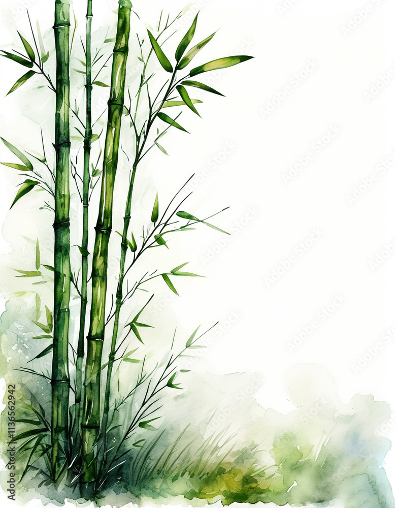 Obraz premium Bamboo with leaf watercolor illustration on white background