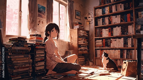 Anime Girl Sits in a Cozy, Book-Filled Room with a Cat