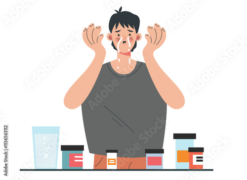 Depression mental illness medication drugs pills dependence concept. Vector cartoon design element illustration