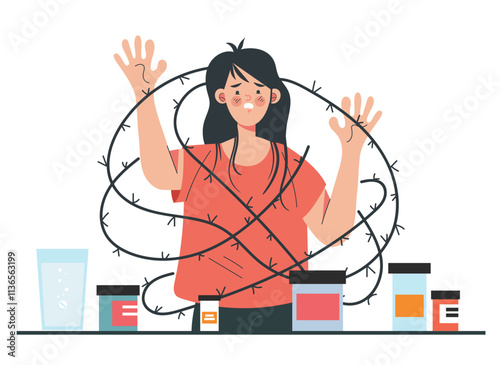 Depression mental illness medication drugs pills dependence concept. Vector cartoon design element illustration