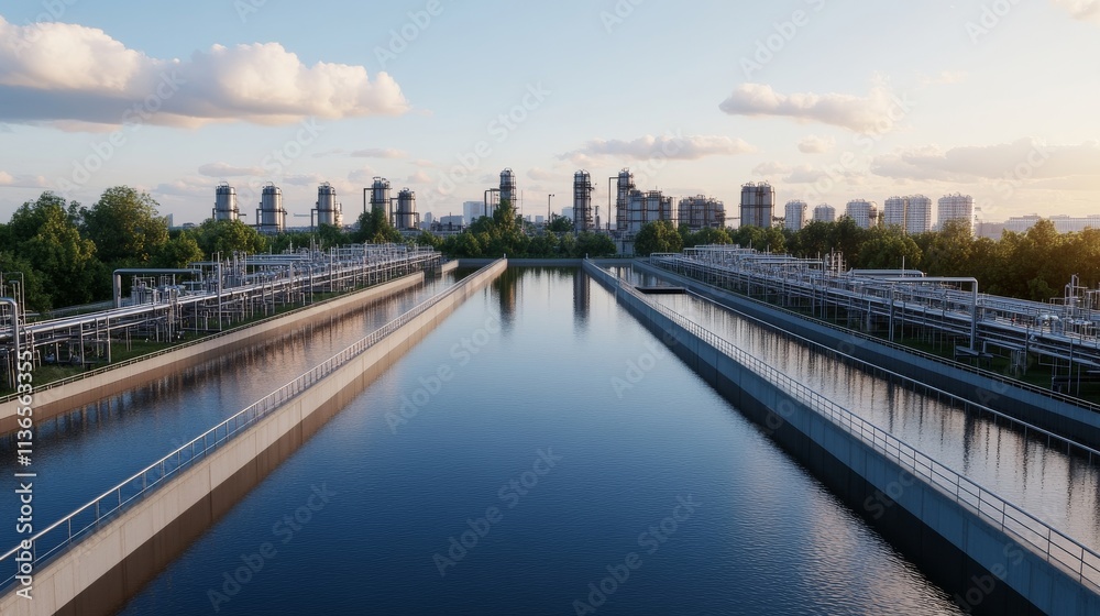 Wide Angle Shot of Industrial Zone and Waterway Wide Angle Shot of Industrial Zone and Waterway
