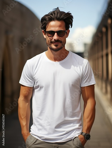 A man wearing a white shirt and sunglasses stands on a sidewalk