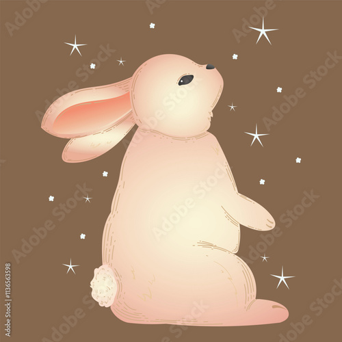 Easter bunny. Flat style cute background framed with plants and flowers. Composition isolated on a monochrome background. Vector image. Great for Easter cards.