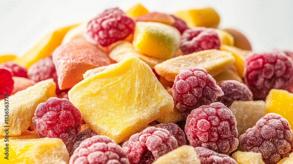 Generate a close-up image of a pile of freeze-dried fruits on a white background Generate a close-up image of a pile of freeze-dried fruits on a white background