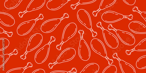 Doodle chicken thigh seamless pattern on redbackground. Chicken thigh line motif. Vector illustration