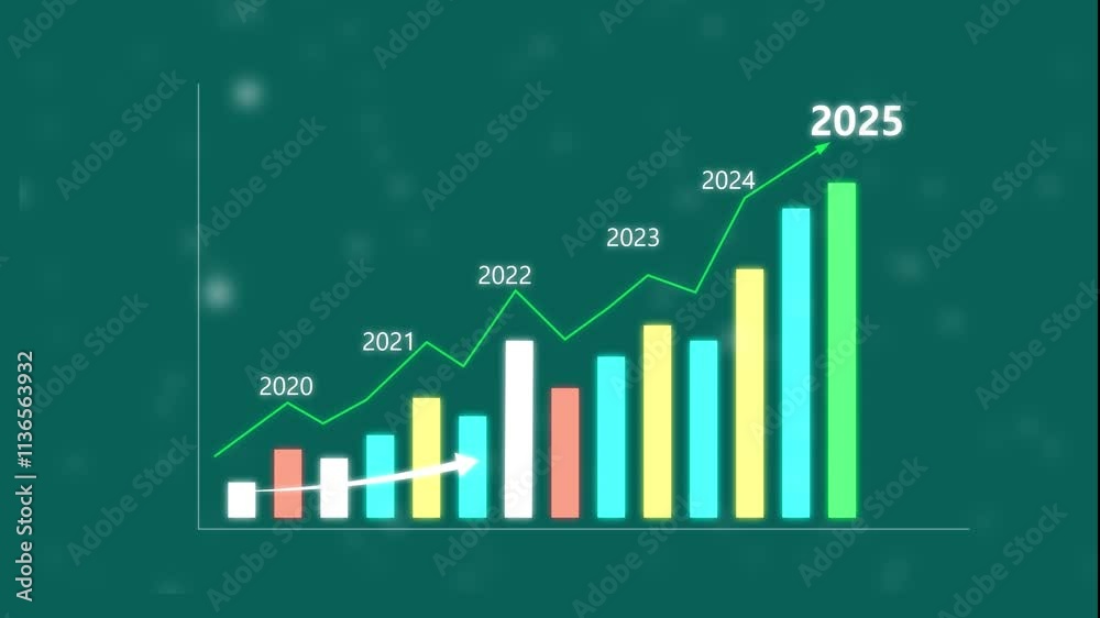 4k Financial data and diagrams showing a steady increase in profits yearly. Business growth concept showing marketing sales portfolio increasing to future target. Business growing up bars trends.