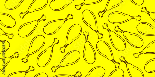 Doodle chicken thigh seamless pattern on yellow background. Chicken thigh line motif. Vector illustration