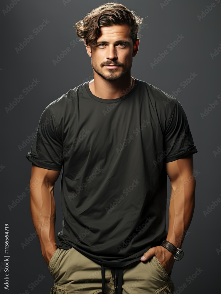 A man in a black shirt and khaki pants poses for a photo