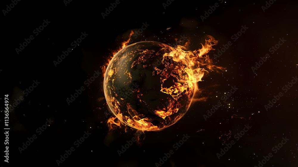 Burning Planet: A fiery, apocalyptic vision of a planet engulfed in flames, casting an ominous glow against a backdrop of a dark, star-strewn sky. Burning Planet: A fiery, apocalyptic vision of a planet engulfed in flames, casting an ominous glow against a backdrop of a dark, star-strewn sky.