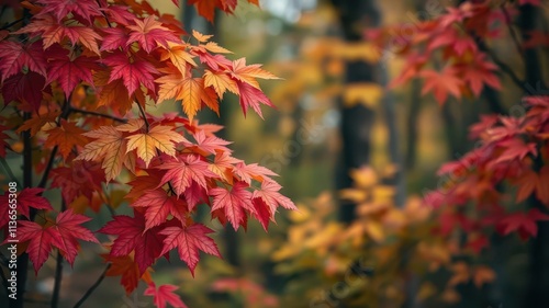Vibrant autumn leaves in a forest with a soft blur effect in the background, seasonal, forest, vibrant