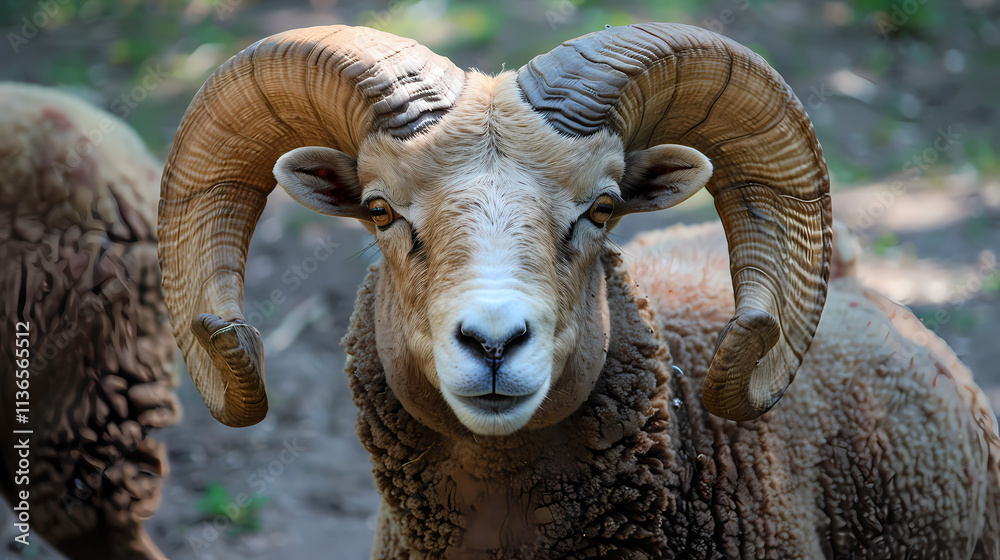 Bighorn Sheep Portrait: A majestic bighorn sheep, its horns curving gracefully, stares directly into the camera with a captivating gaze. Bighorn Sheep Portrait: A majestic bighorn sheep, its horns curving gracefully, stares directly into the camera with a captivating gaze.