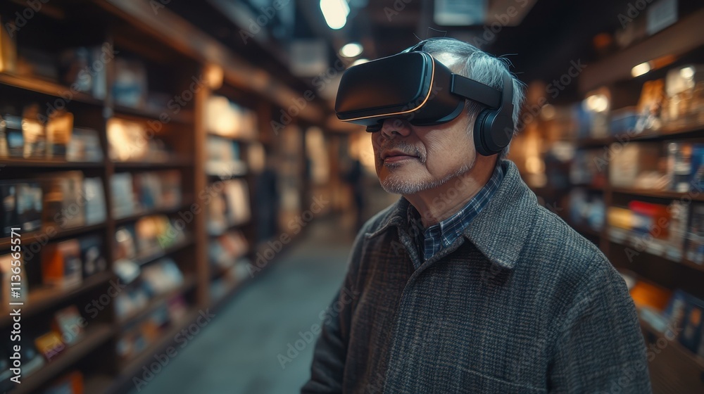 The Elderly man shopping in a VR marketplace his glowing expression exploring interactive products The Elderly man shopping in a VR marketplace his glowing expression exploring interactive products