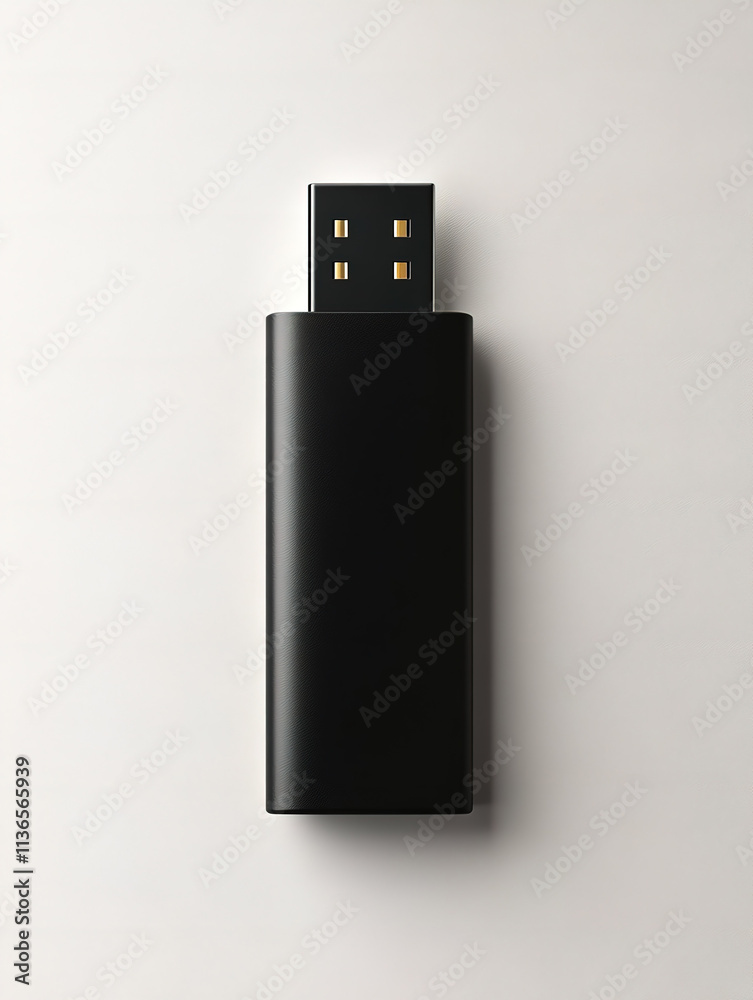 A black USB drive is sitting on a white background