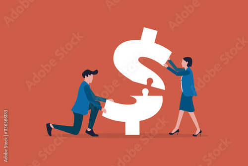 Business team complete jigsaw puzzle dollar sign to Successful