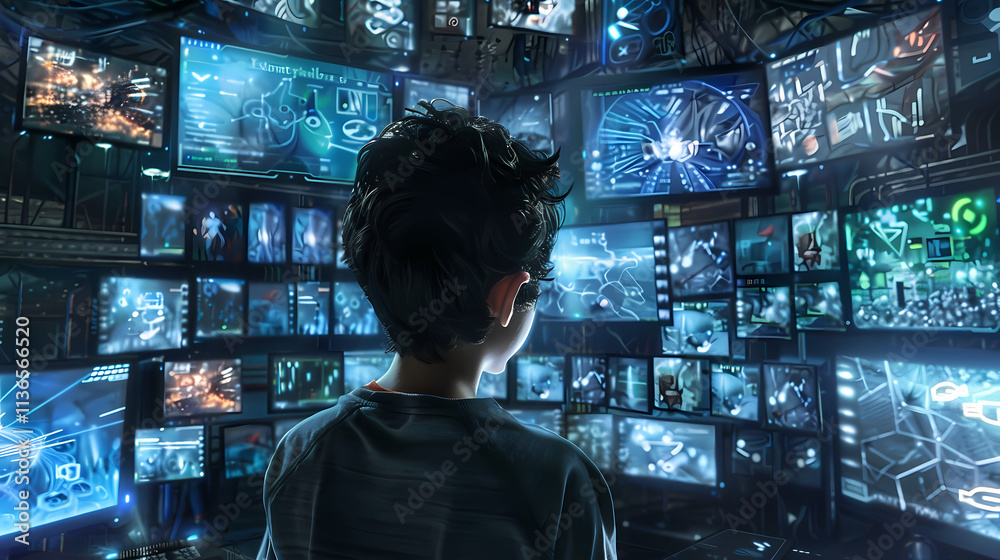 Surrounded by Screens: A child engrossed in a futuristic world of digital screens, each displaying a unique and captivating image. A captivating scene of technological immersion. Surrounded by Screens: A child engrossed in a futuristic world of digital screens, each displaying a unique and captivating image. A captivating scene of technological immersion.