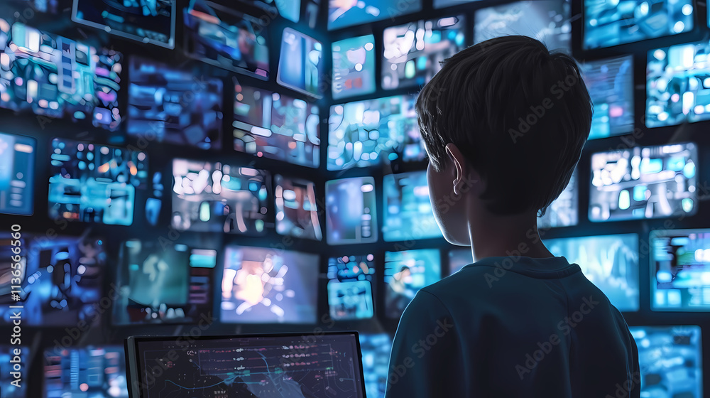 Child Overwhelmed by Screens: A young boy gazes intently at a wall of glowing screens, each filled with dynamic visuals. The image evokes feelings of information overload, technological immersion. Child Overwhelmed by Screens: A young boy gazes intently at a wall of glowing screens, each filled with dynamic visuals. The image evokes feelings of information overload, technological immersion.