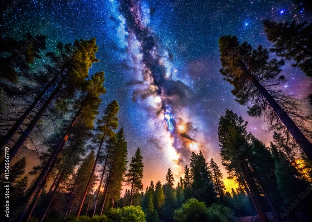 Obraz premium Milky Way Galaxy Forest Night Photography - Astrophotography Dark Sky Low Light Image