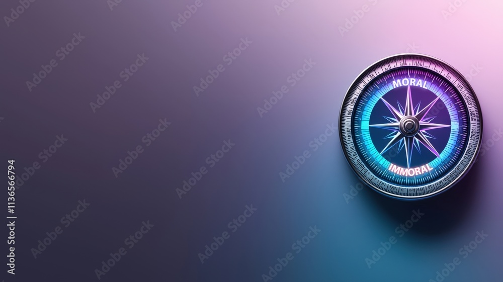 Moral and immoral choices in business dilemma illustrated with glowing ethical compass on gradient background. Moral and immoral choices in business dilemma illustrated with glowing ethical compass on gradient background.